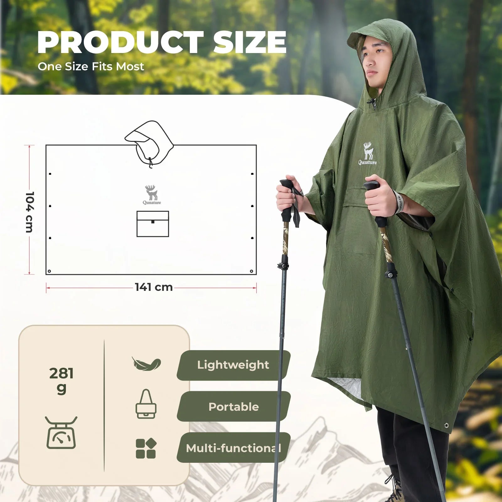 Waterproof Rain Poncho — Packable 3-in-1 Hiking & Outdoor Raincoat