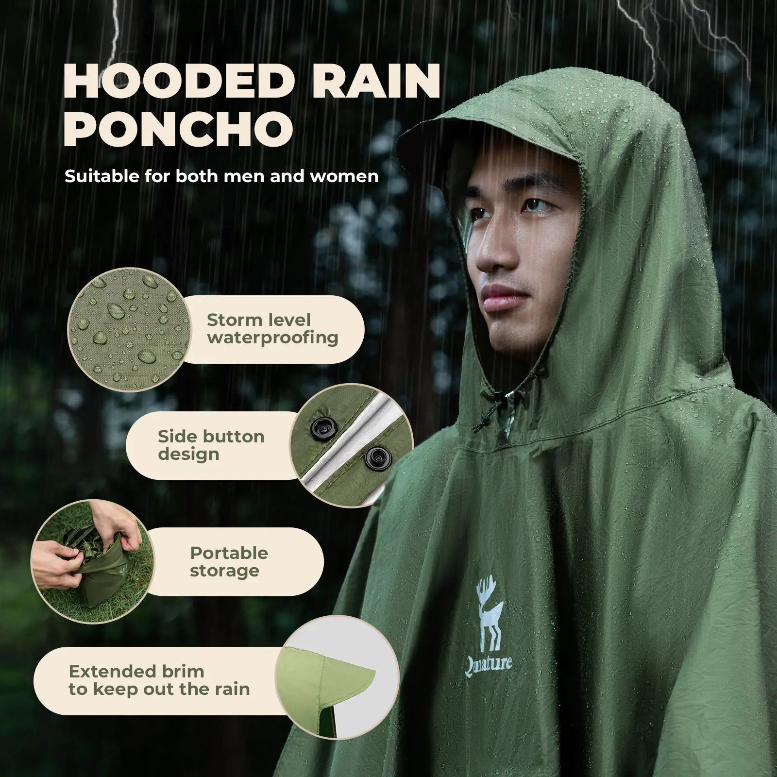 Waterproof Rain Poncho — Packable 3-in-1 Hiking & Outdoor Raincoat