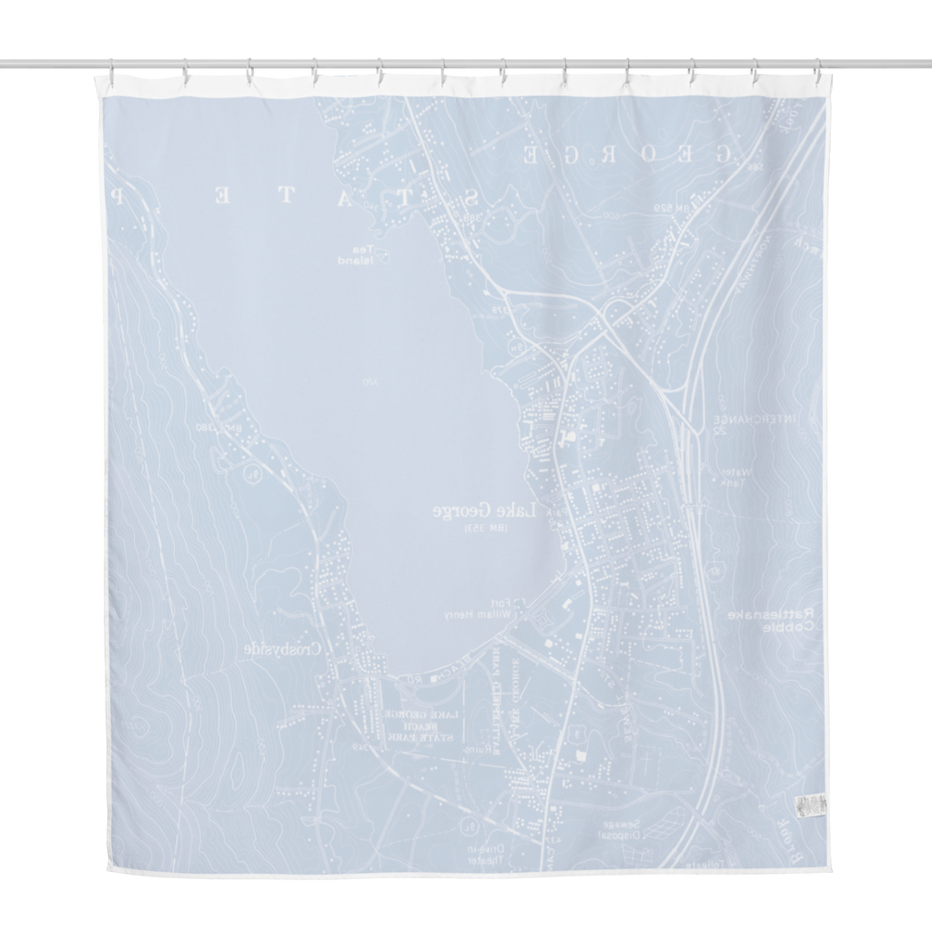 Lake George Village Vintage Map Shower Curtain – Blueprint | The Lake George Store - back of product