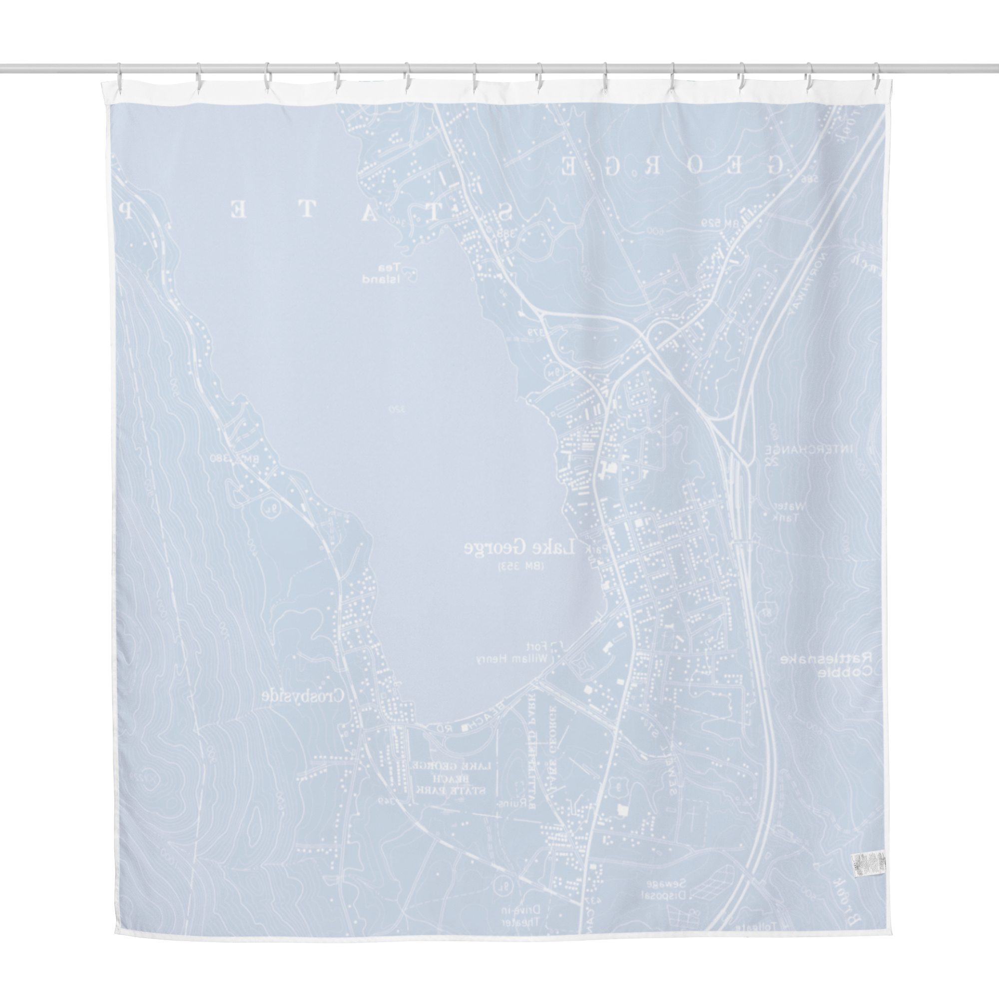 Lake George Village Vintage Map Shower Curtain – Blueprint | The Lake George Store - back of product