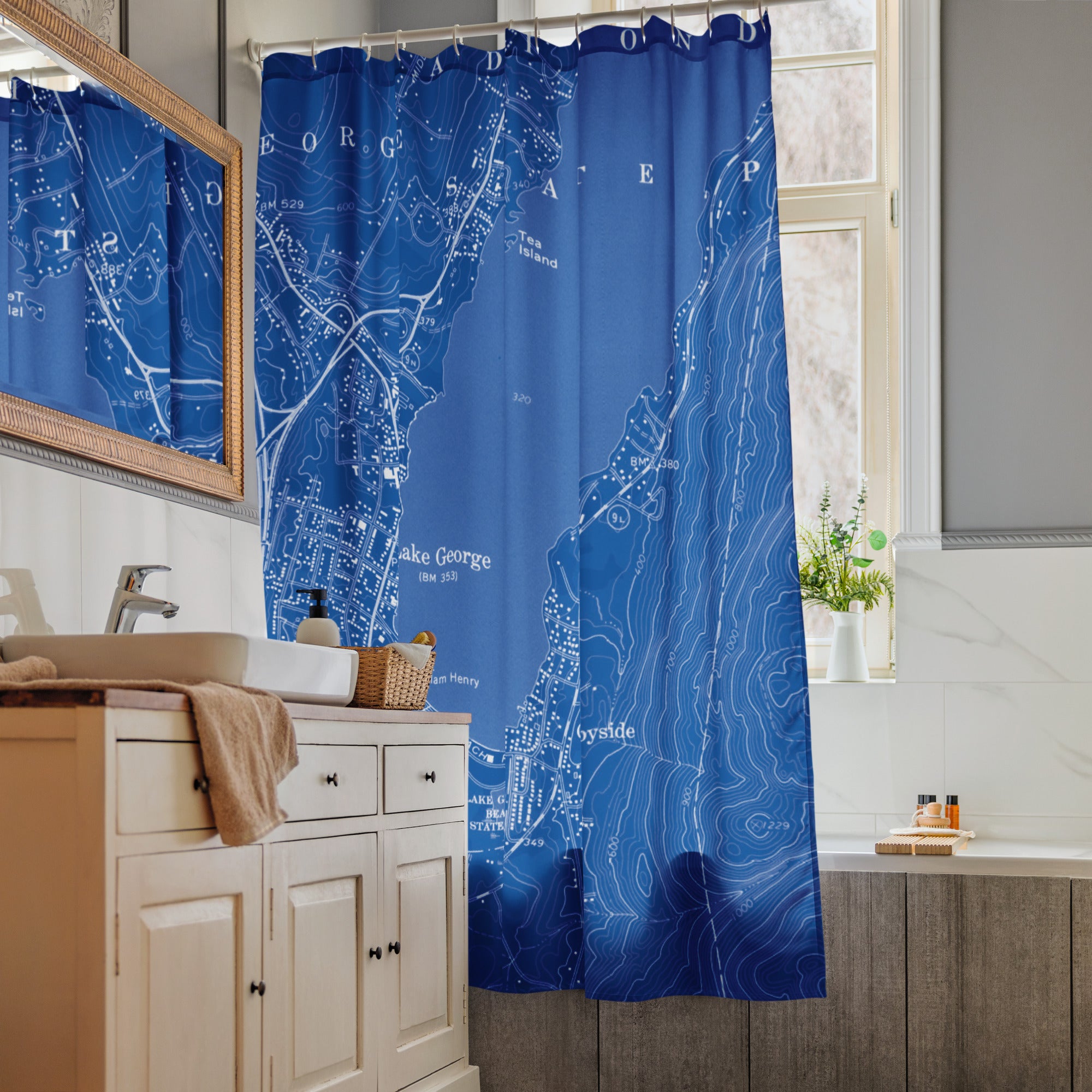 Lake George Village Vintage Map Shower Curtain – Blueprint | The Lake George Store