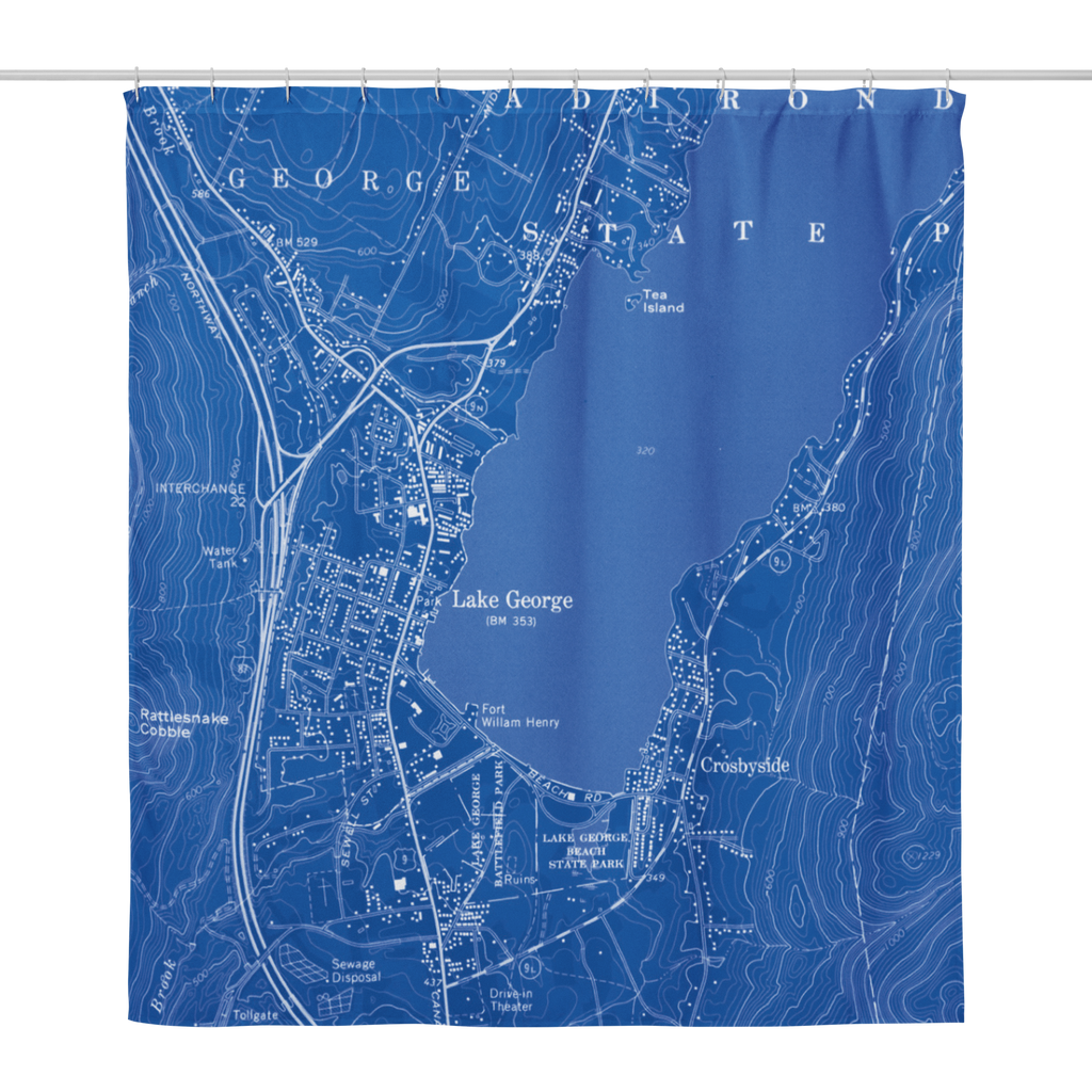 Lake George Village Vintage Map Shower Curtain – Blueprint | The Lake George Store