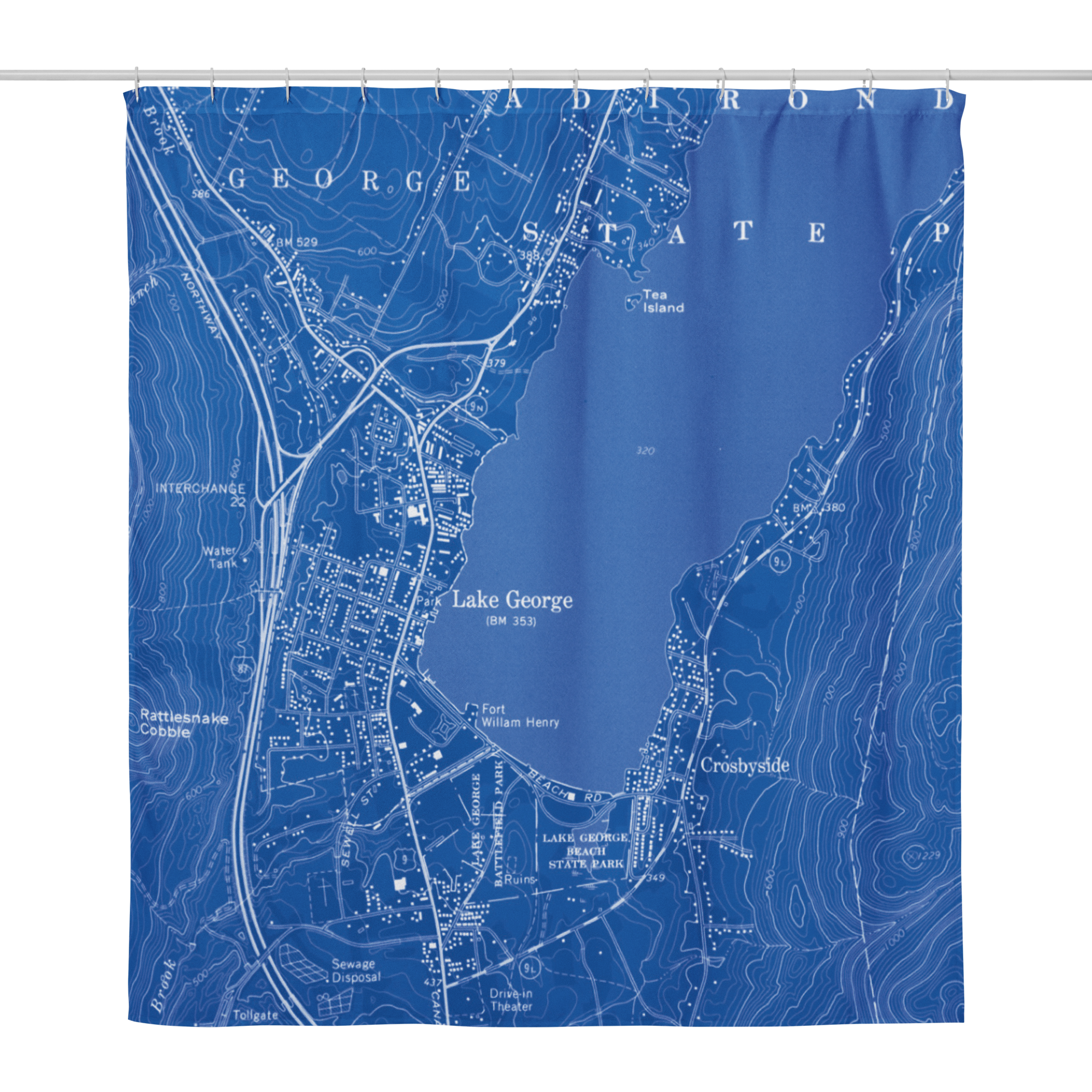 Lake George Village Vintage Map Shower Curtain – Blueprint | The Lake George Store