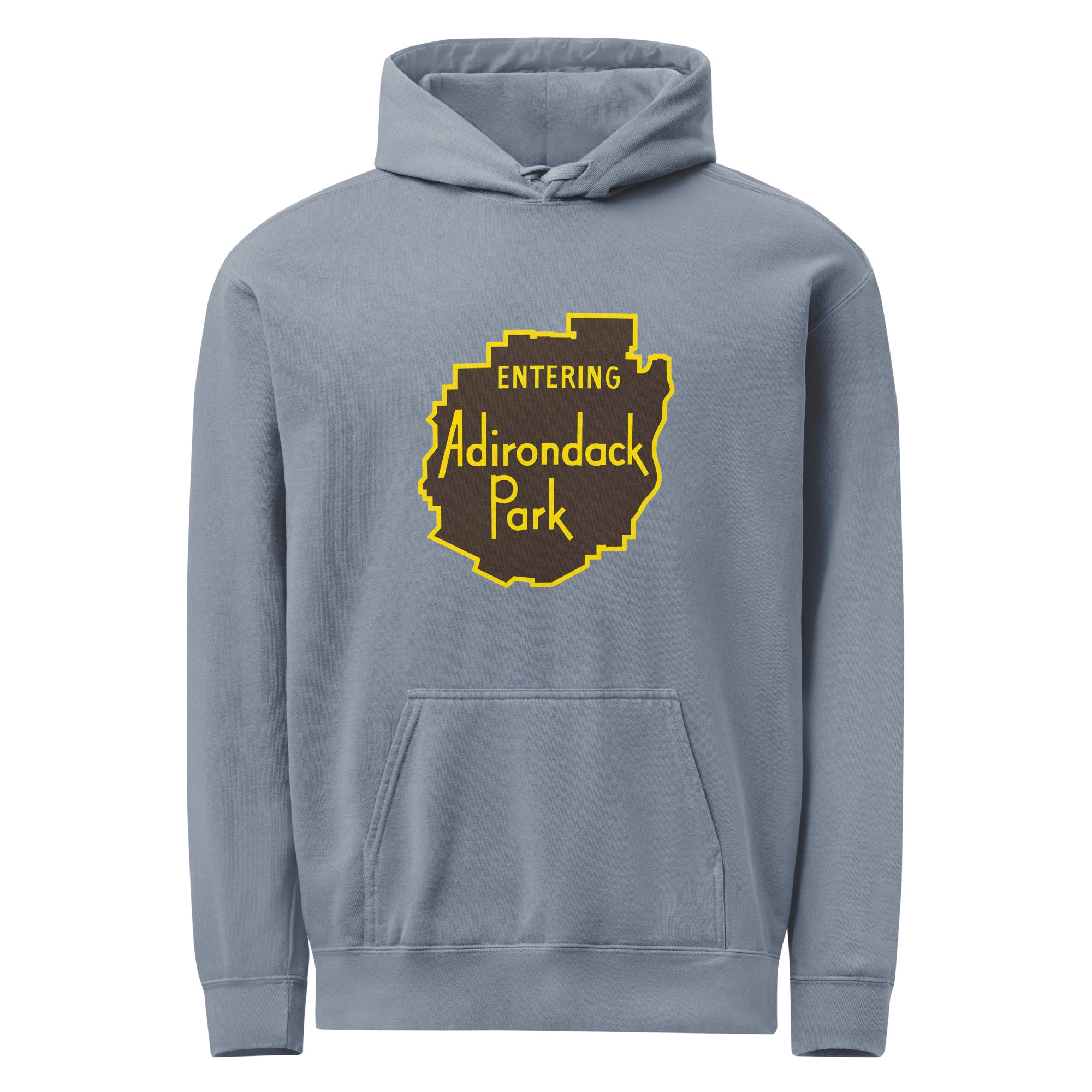 Entering Adirondack Park Vintage Sign Hoodie Front View Light Blue