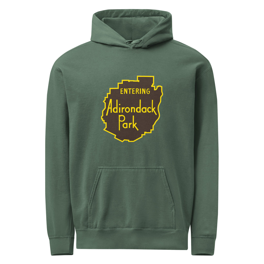 Entering Adirondack Park Vintage Sign Hoodie Front View Green