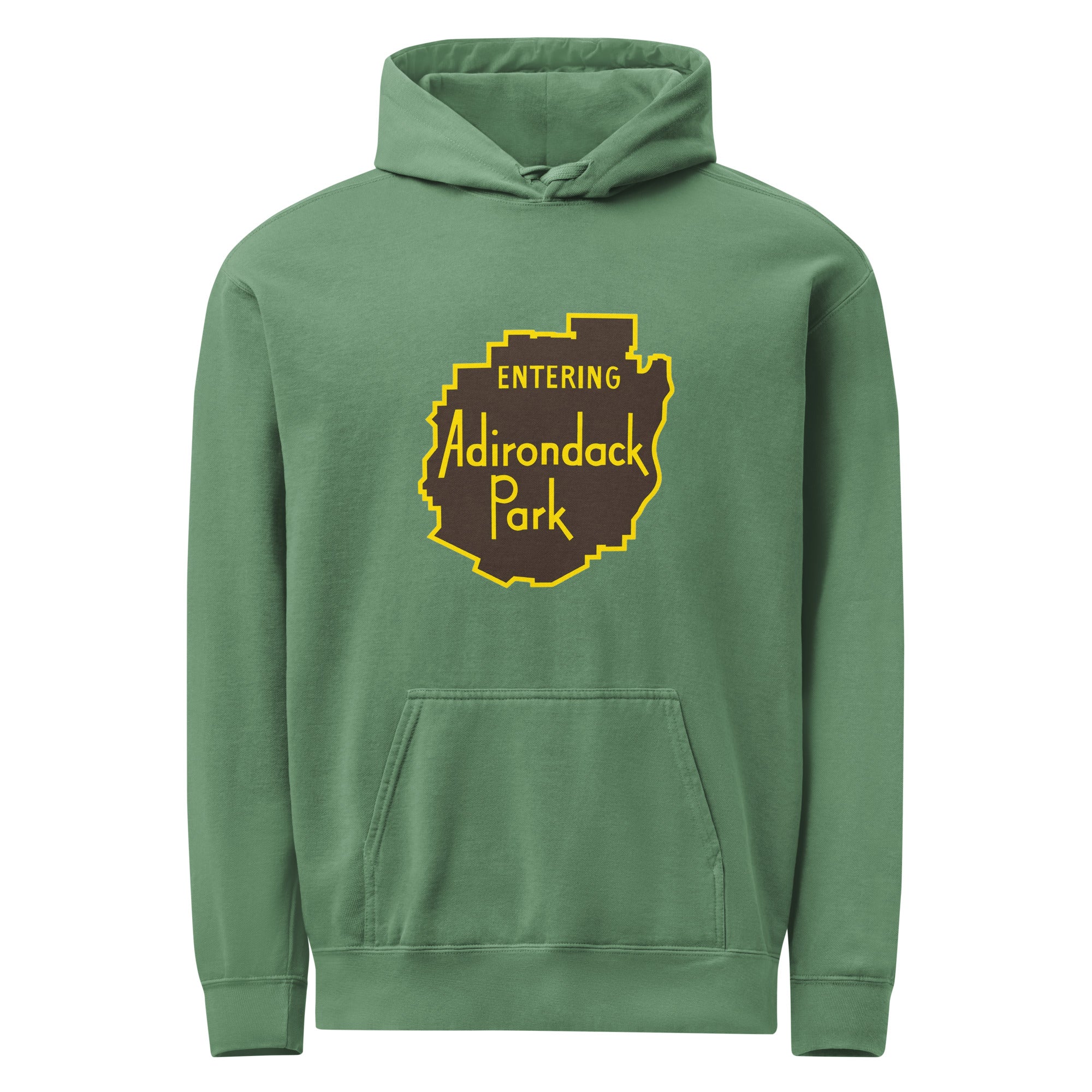 Entering Adirondack Park Vintage Sign Hoodie Front View Bright Green
