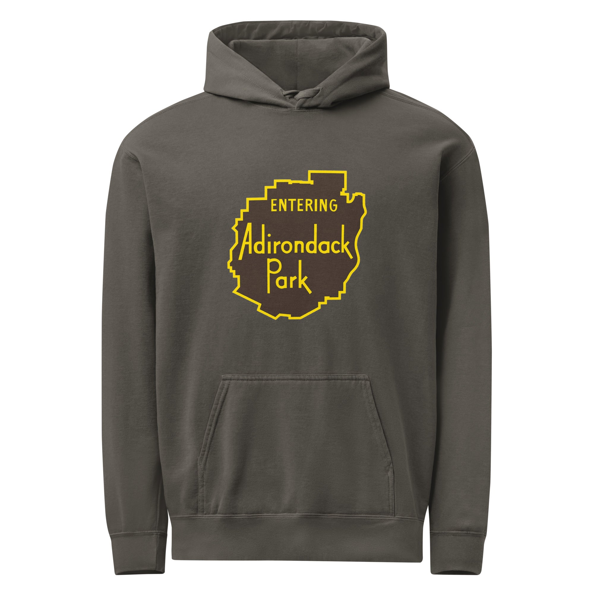 Entering Adirondack Park Vintage Sign Hoodie Front View Dark Gray