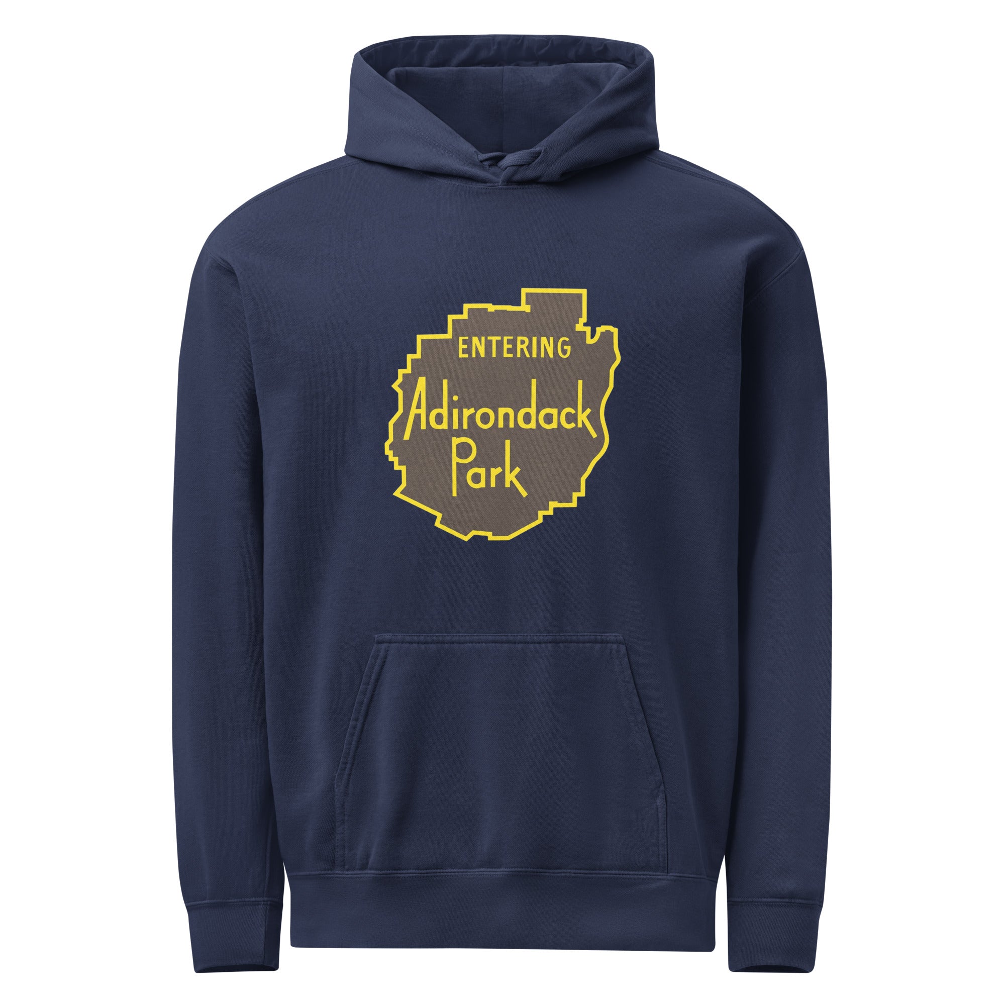 Entering Adirondack Park Vintage Sign Hoodie Front View Navy