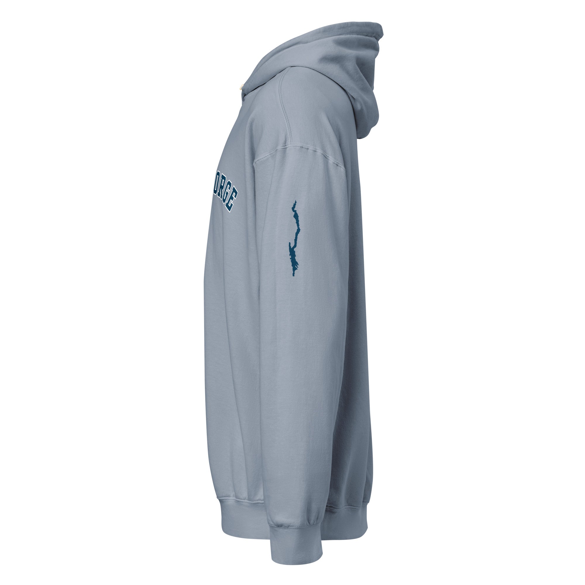 classic lake george souvenir hoodie blue jean side view