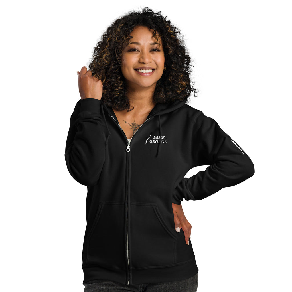 Lake George zip up hoodie black front with model