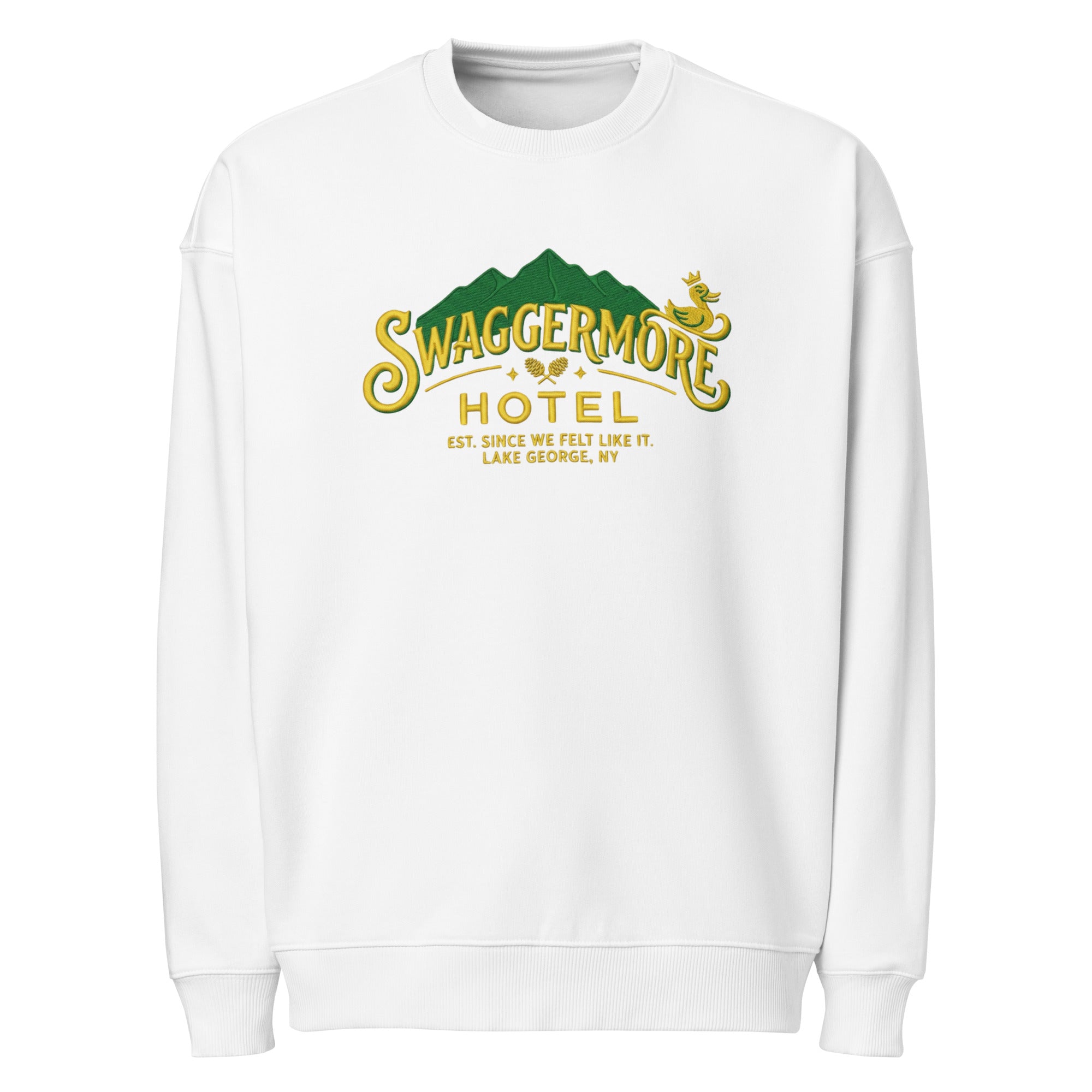 The Swaggermore Hotel Sweatshirt in White — Lake George's Most Exclusive Address