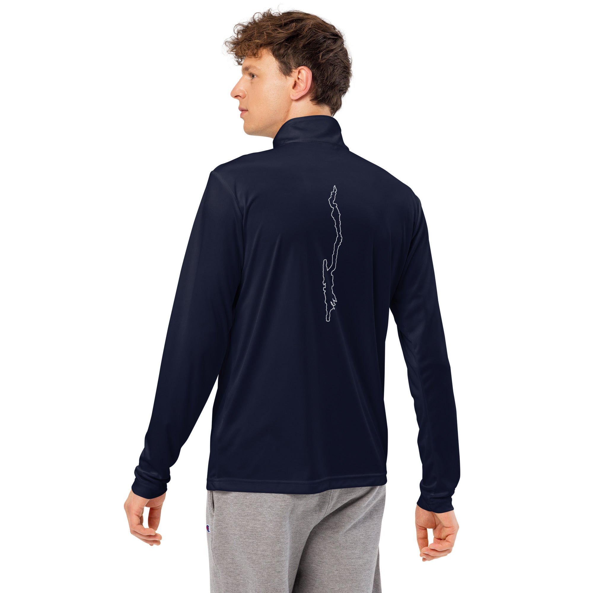 Navy Lake George Quarter-Zip Outline Design On Back - Rear With Model