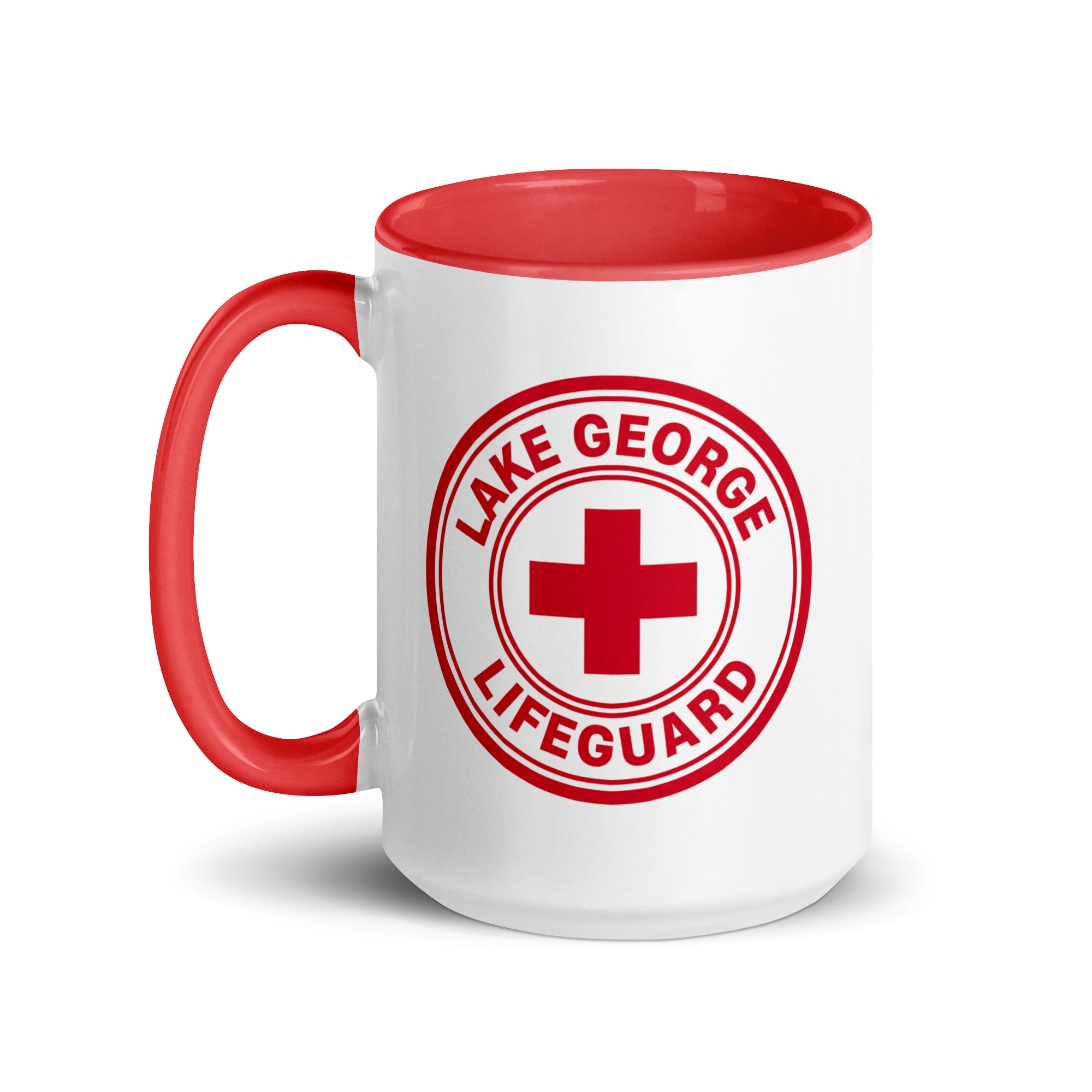 Lake George lifeguard mug 15 oz red and white front view