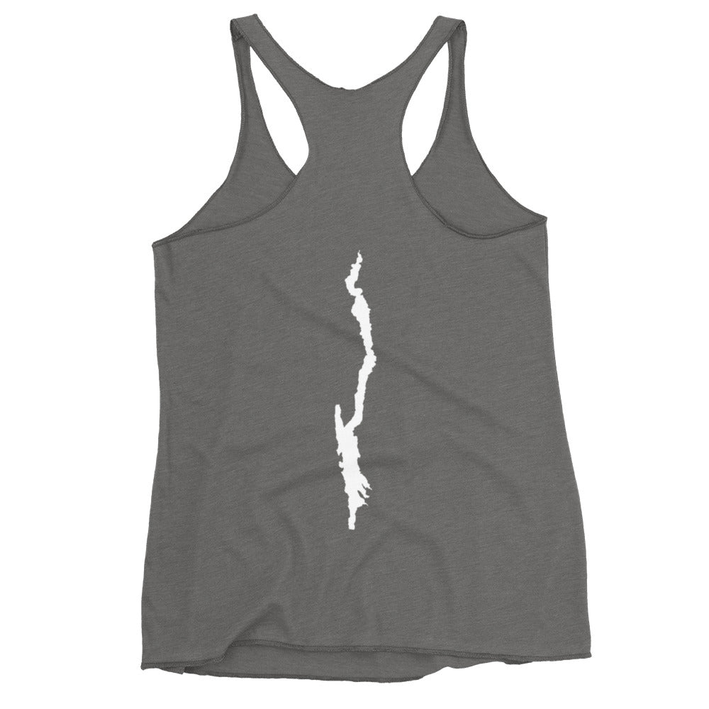 Women's Lake George Lake Life Racerback Tank in gray back view