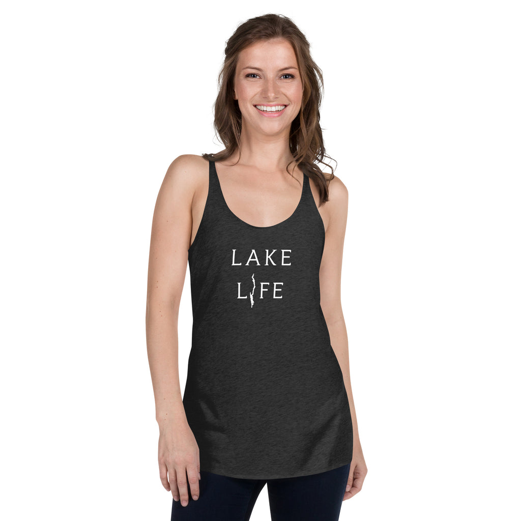 Women's Lake George Lake Life Racerback Tank in black - front view with model