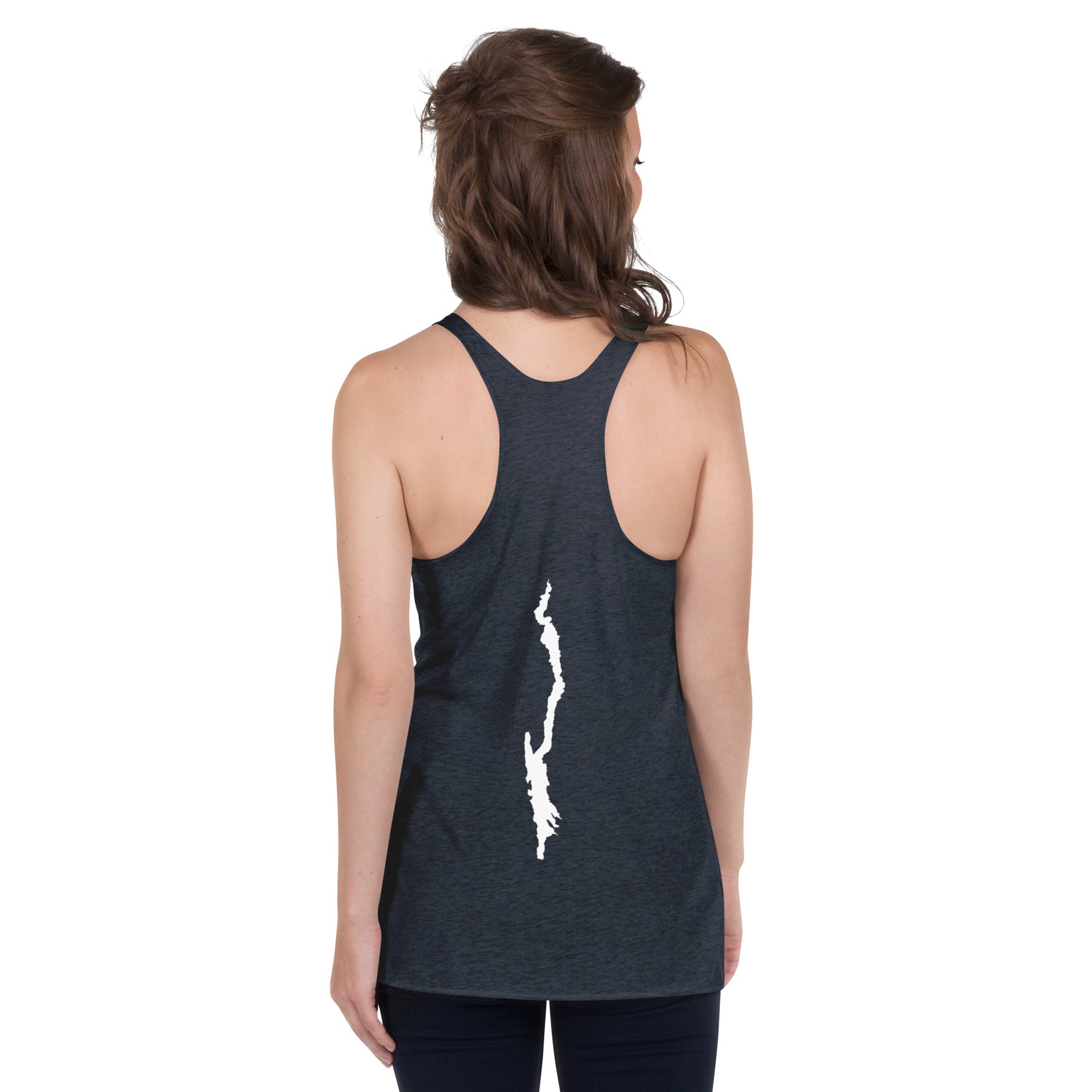 Women's Lake George Lake Life Racerback Tank in black back view with model