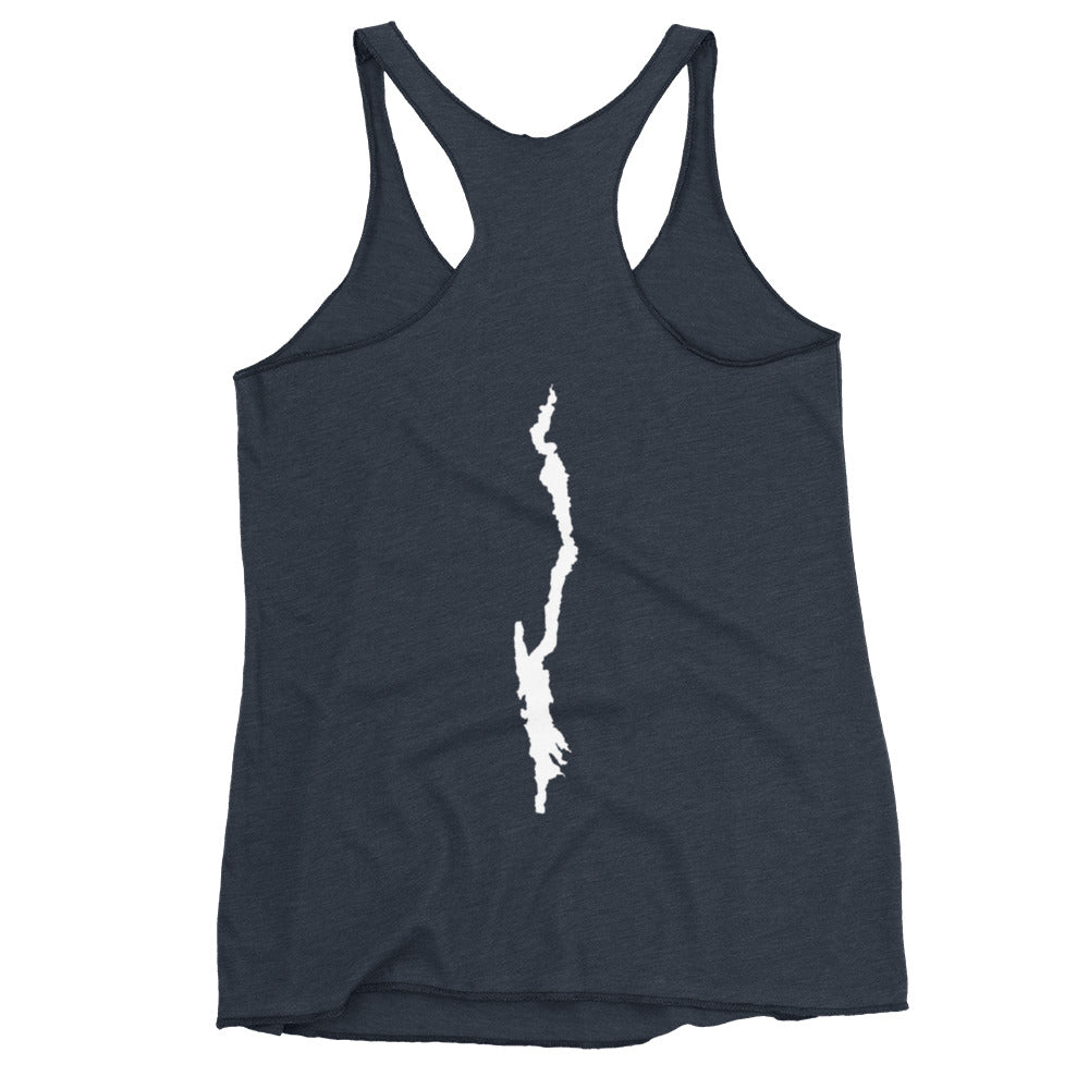 Women's Lake George Lake Life Racerback Tank in navy back view