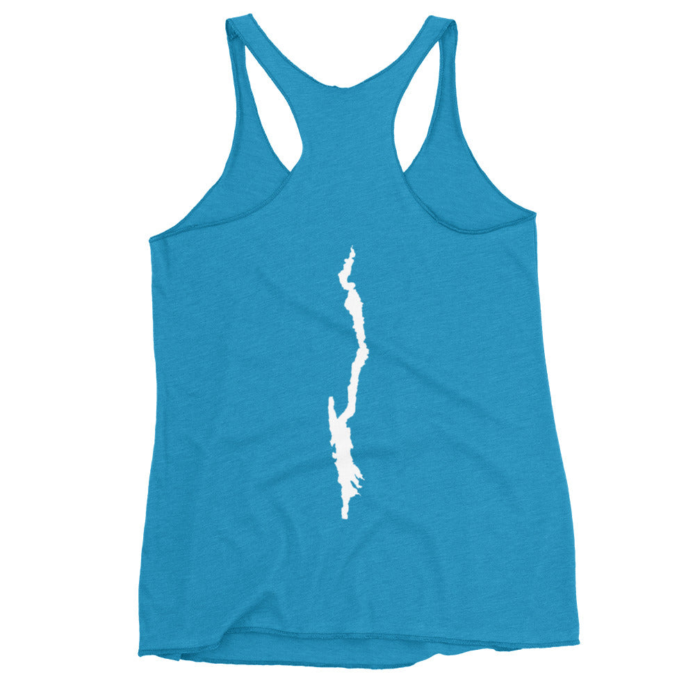 Women's Lake George Lake Life Racerback Tank in turquoise back view