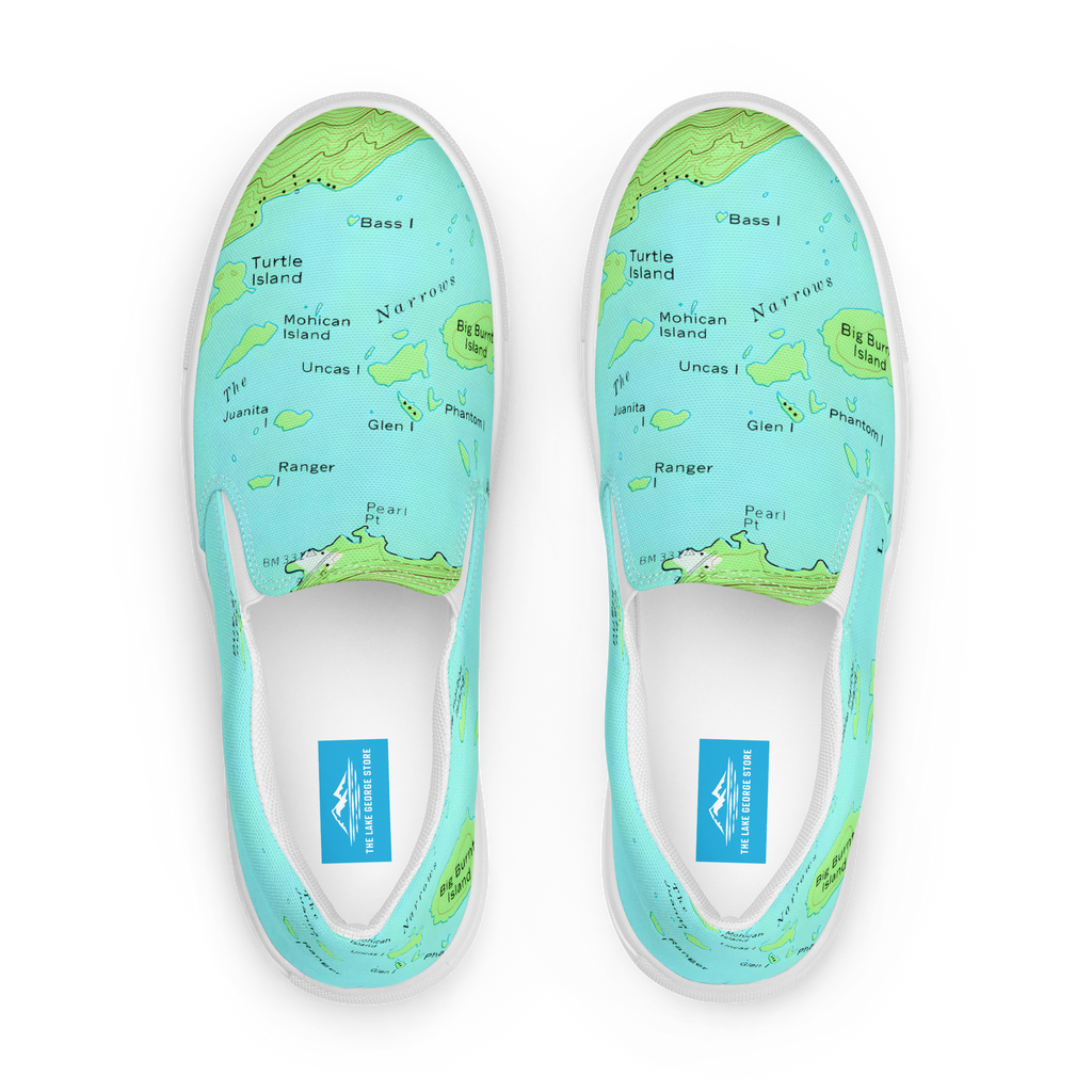 Lake George vintage map of the narrows on ladies canvas shoes top view