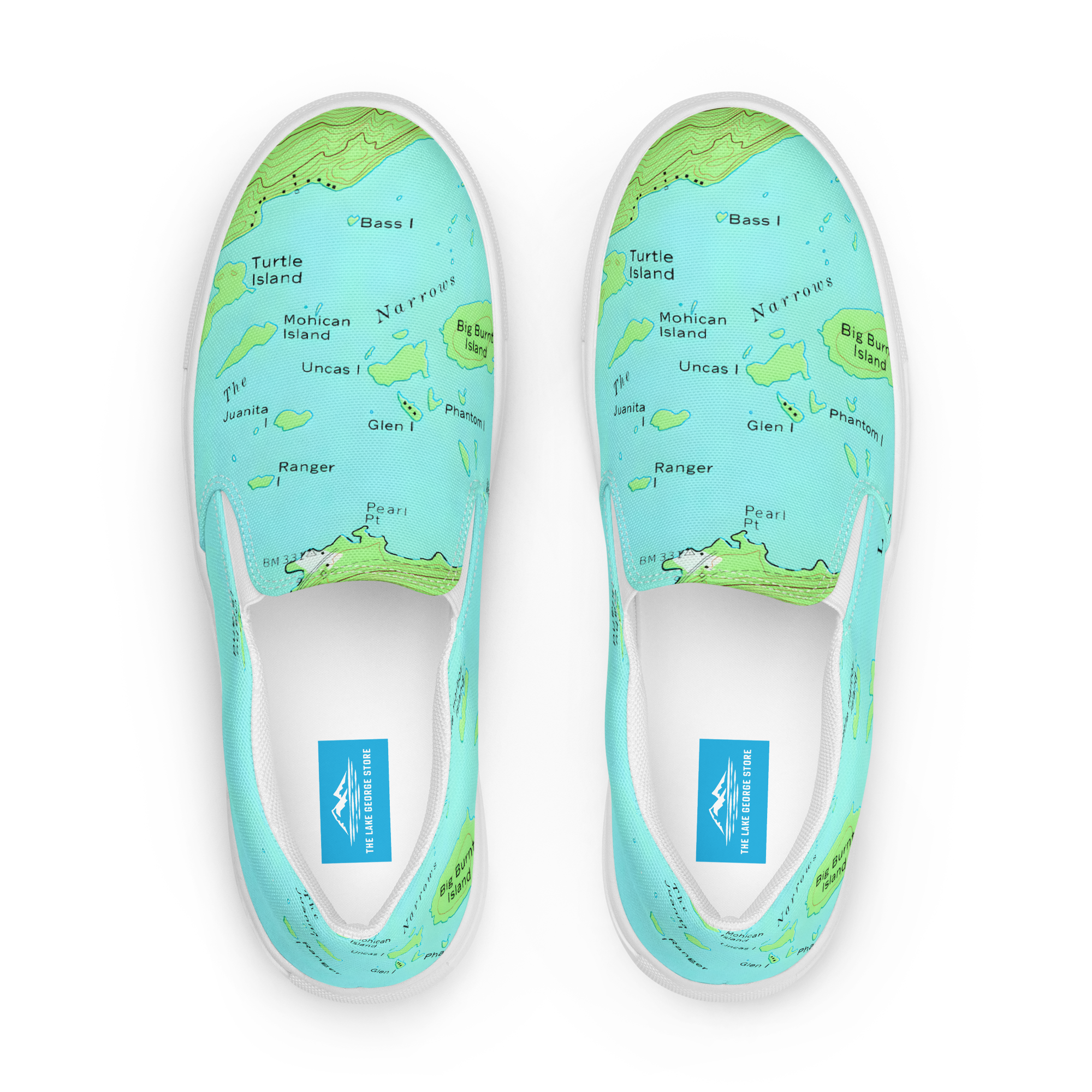Lake George vintage map of the narrows on ladies canvas shoes top view